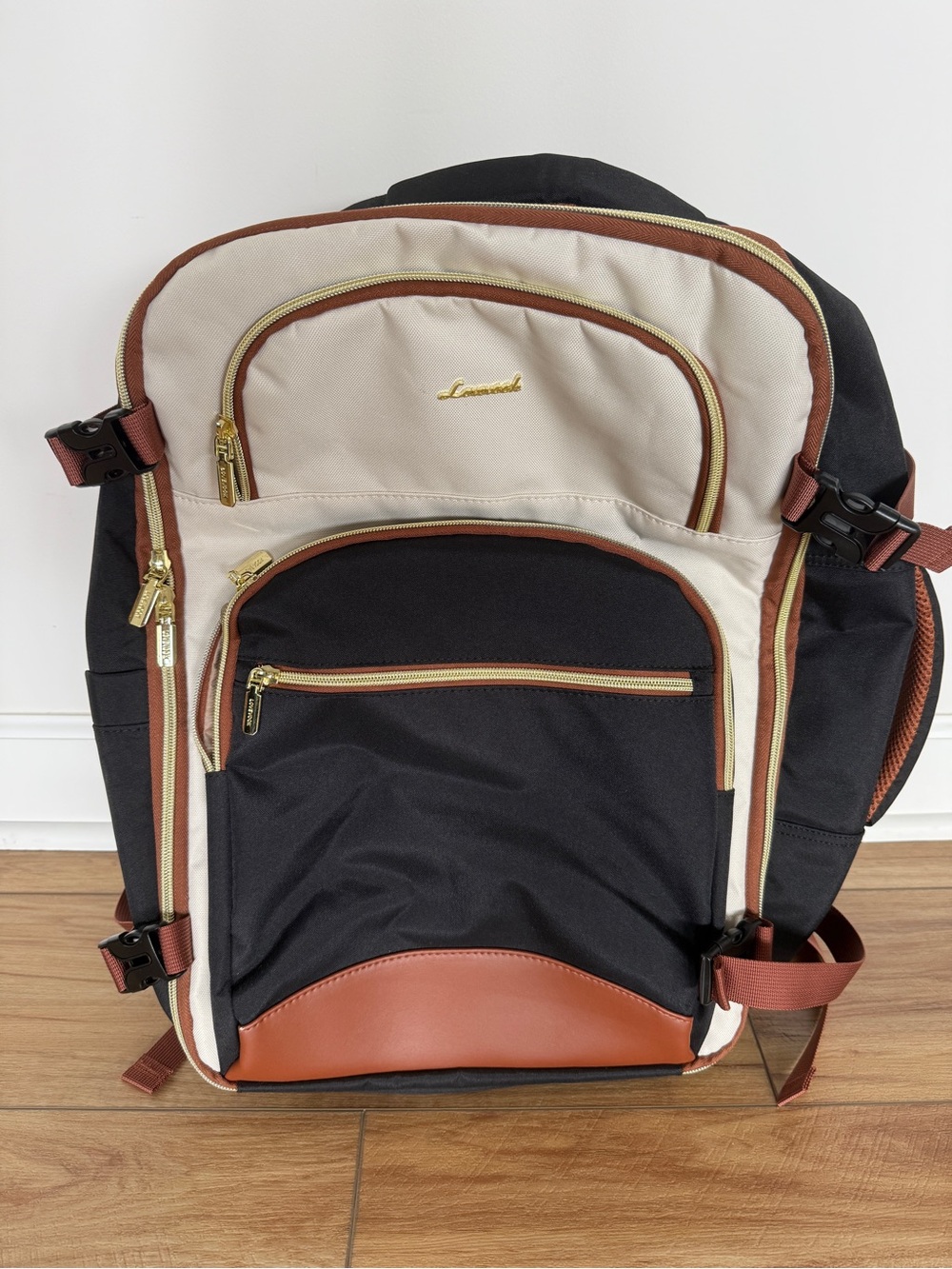 Lavenlad Black & Cream Backpack with Brown Accents
